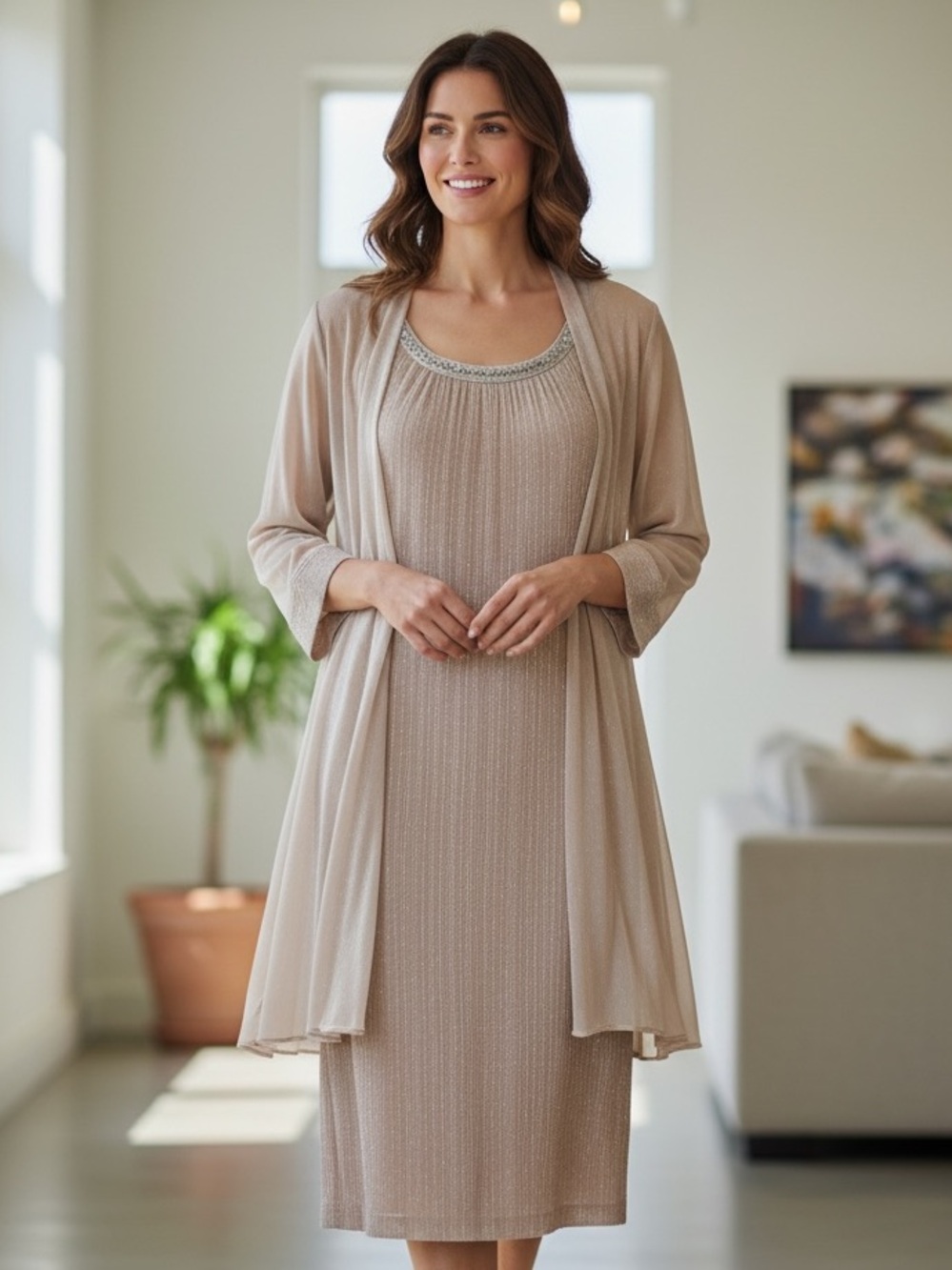 R&M Richards 2 Piece Champion Sheer Overlay Dress with Beaded Detail